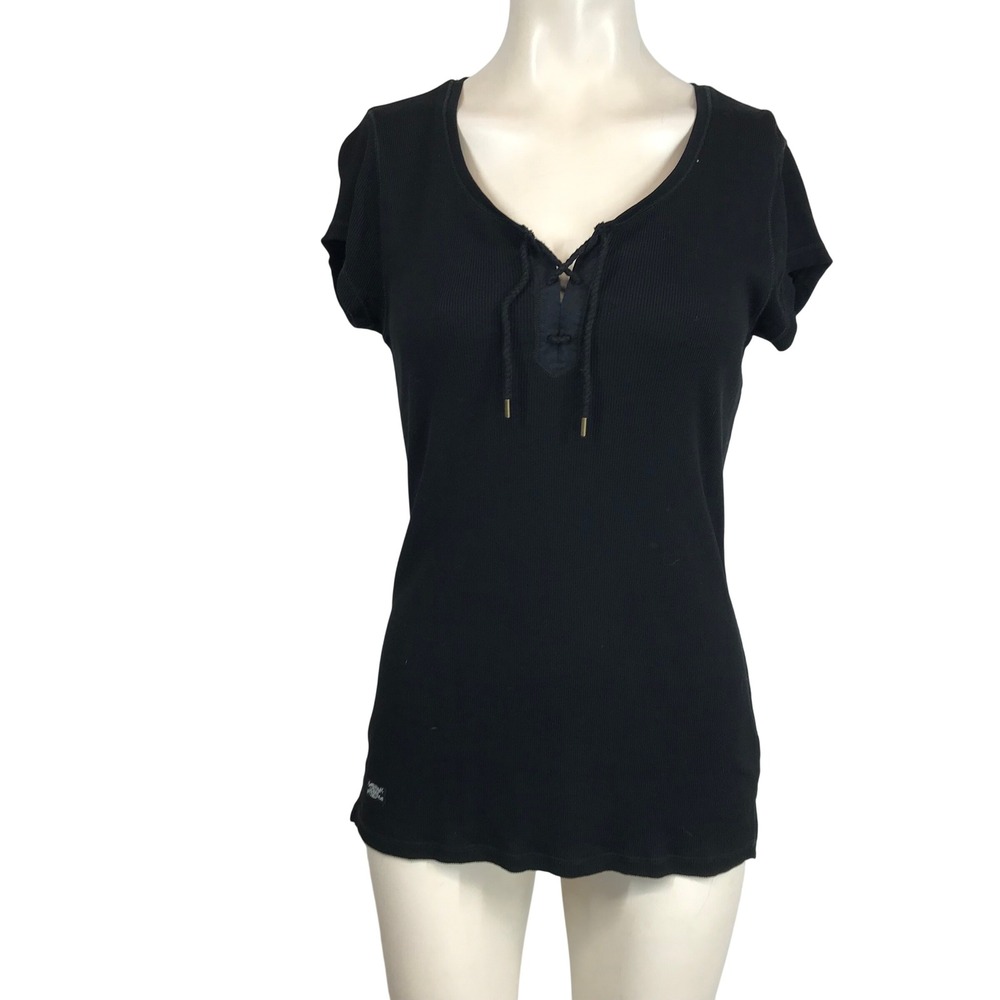 Lauren Ralph Lauren Womens Black Ribbed Lace Up V Neck Short Sleeve Top Size M